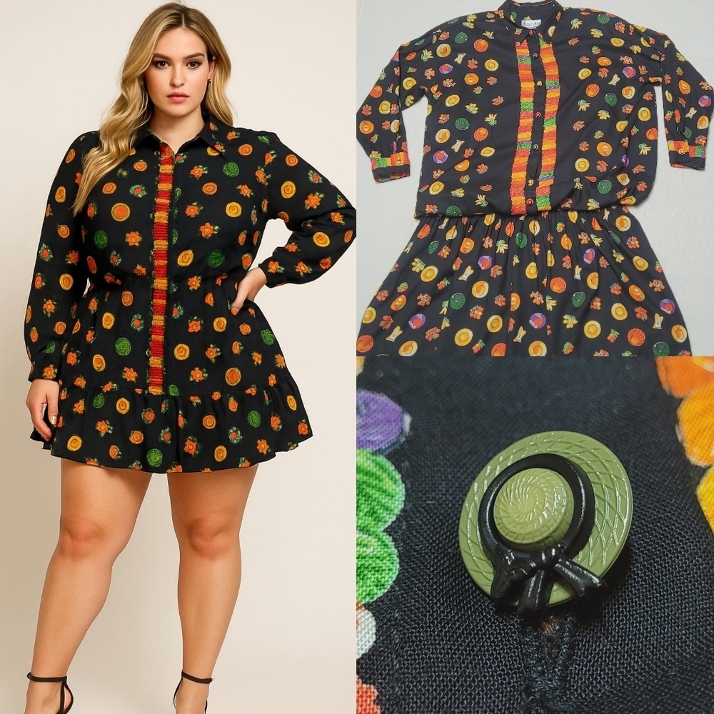 Vikki V Vintage 80s Novelty Print Sunhat Button Long Sleeve Blousen Mini Dress